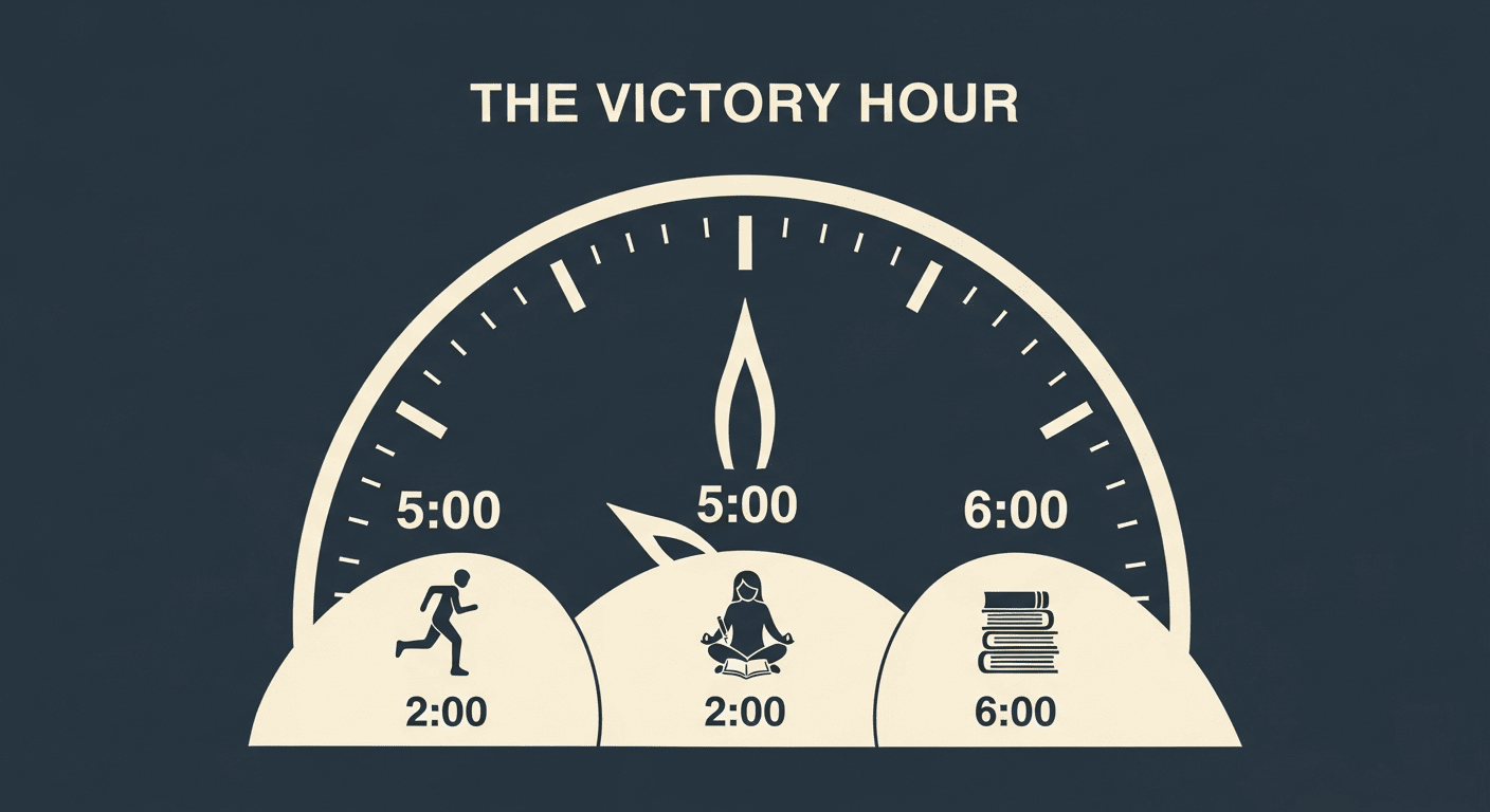  A visual breakdown of the 20/20/20 morning formula, showing time blocks for moving, reflecting, and growing.