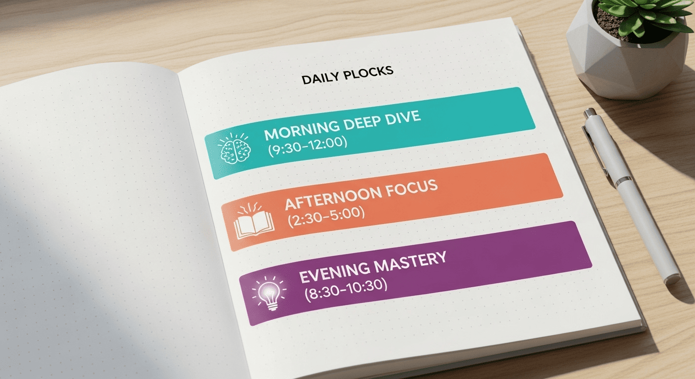  A visual representation of the "Three Meals a Day" study schedule, breaking the day into three focused learning sessions.