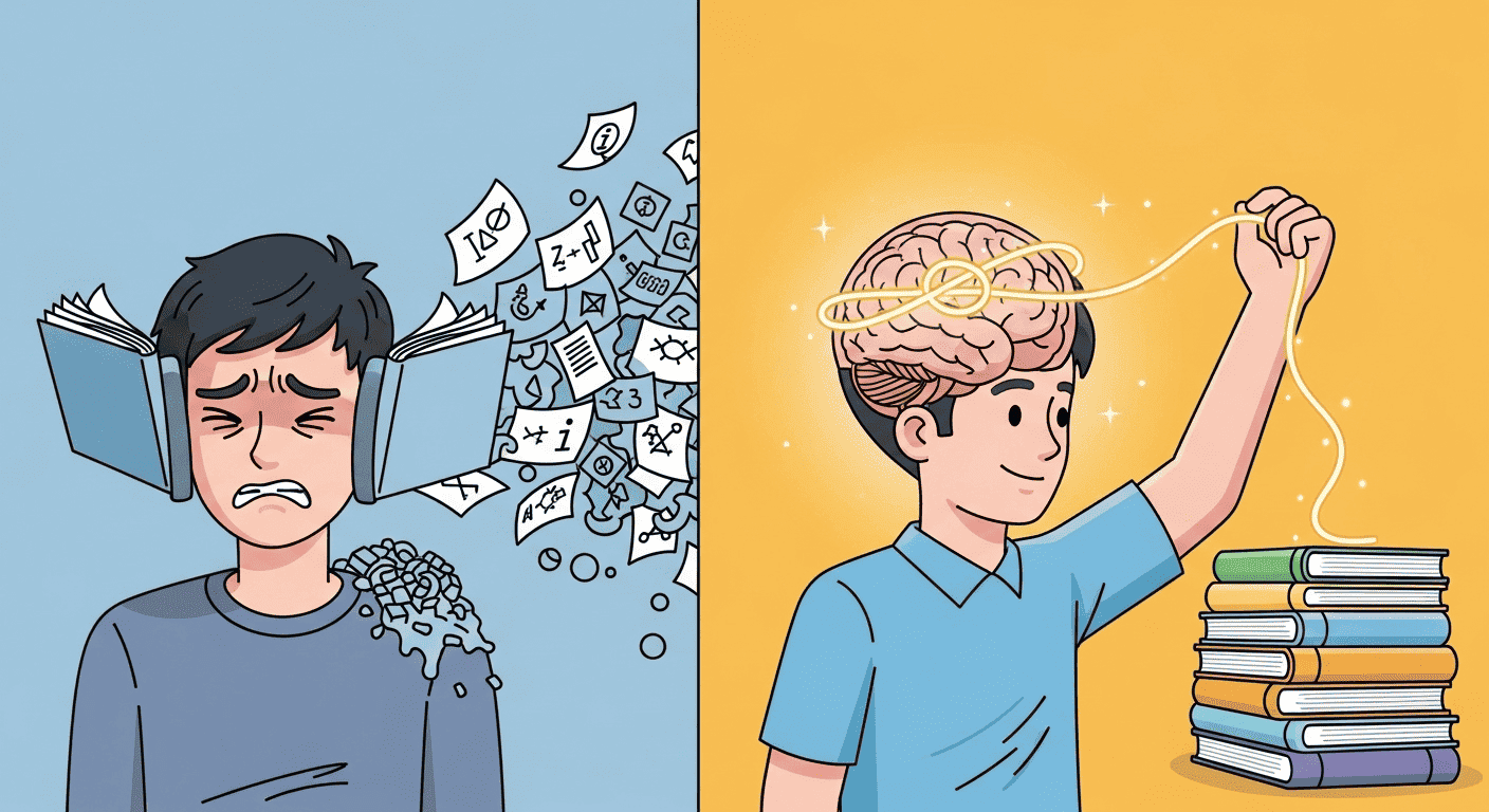 A visual comparison of passive learning (leaking information) versus active recall (strengthening memory knots).