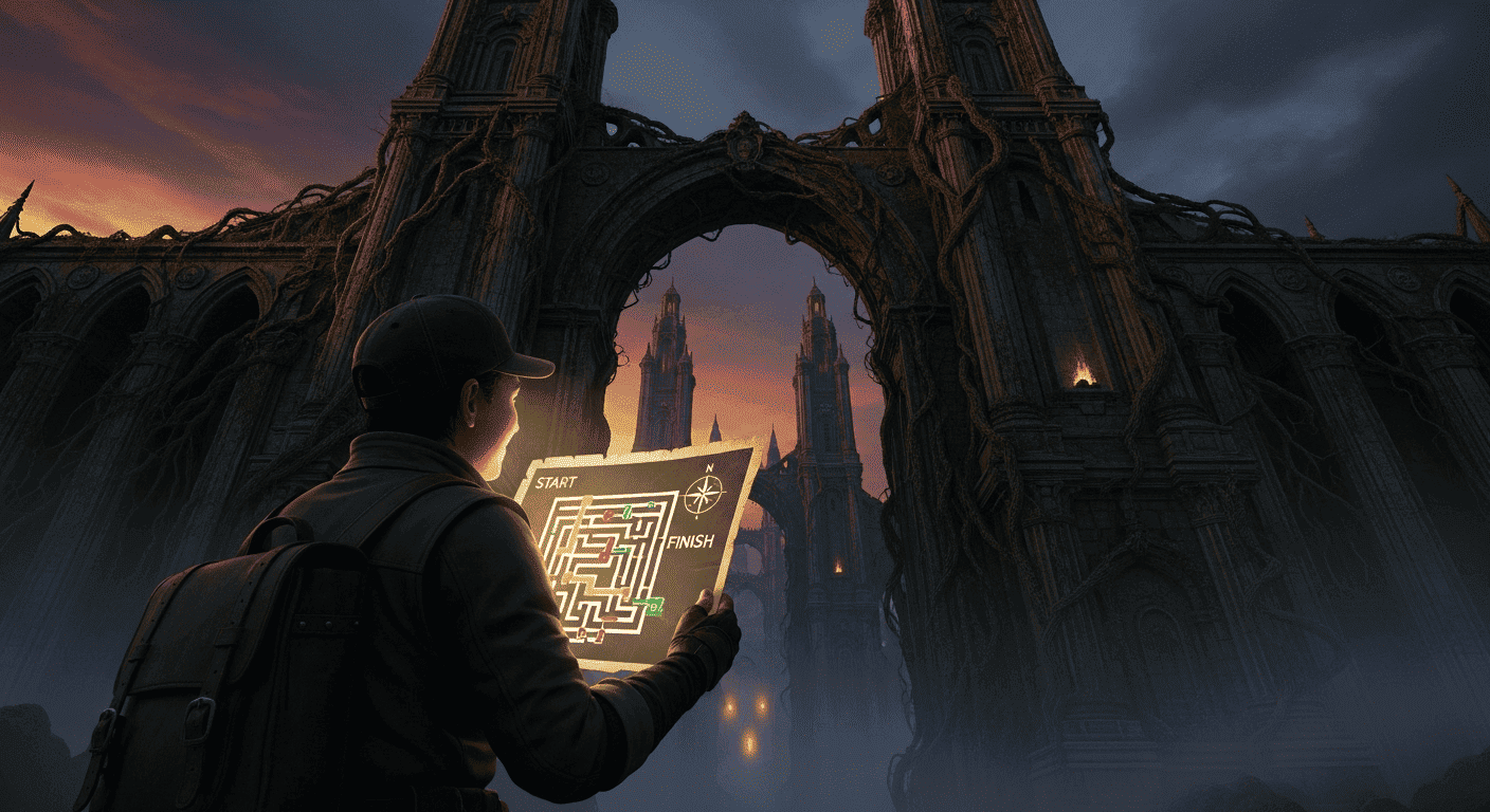  A person priming their mind by looking at a simple map of a complex maze before beginning their journey.
