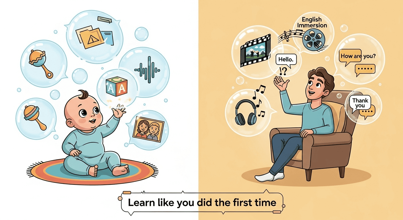 A visual comparison showing an adult learning English with the same natural absorption method as a baby learning their first language.