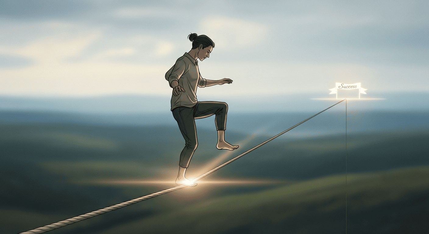 A person on a tightrope demonstrating the power of focusing on the immediate process instead of the final outcome.