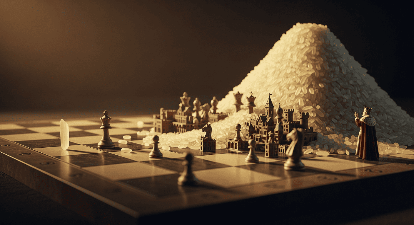 A visual representation of the exponential power of compounding, showing how one grain of rice grows into an unimaginable amount on a chessboard.