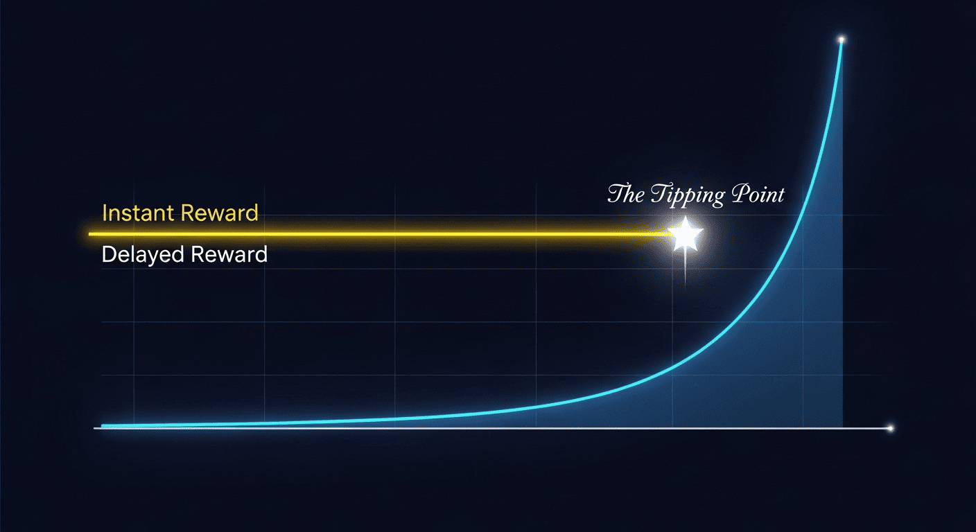 A graph demonstrating the power of the Compound Effect, showing how small, consistent growth eventually overtakes a large, one-time reward.