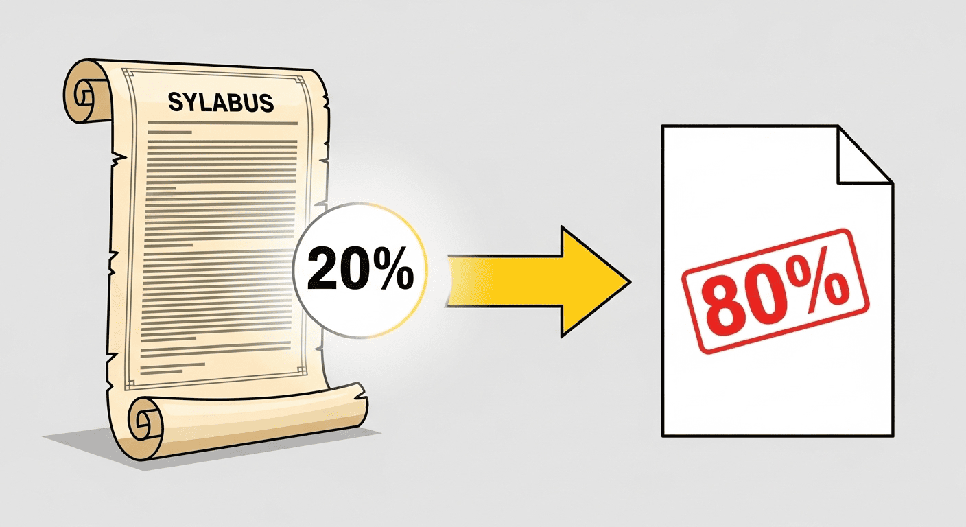  An infographic demonstrating the 80/20 Principle for studying, where focusing on 20% of the syllabus yields 80% of the exam results.