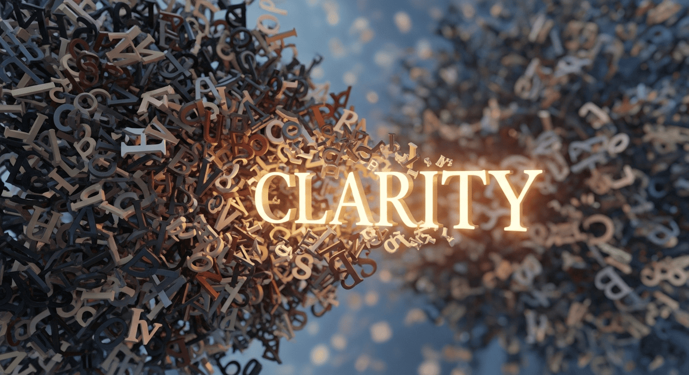 An illustration of the Gibberish Game, where nonsensical text transforms into a meaningful word, symbolizing the brain finding order in chaos.