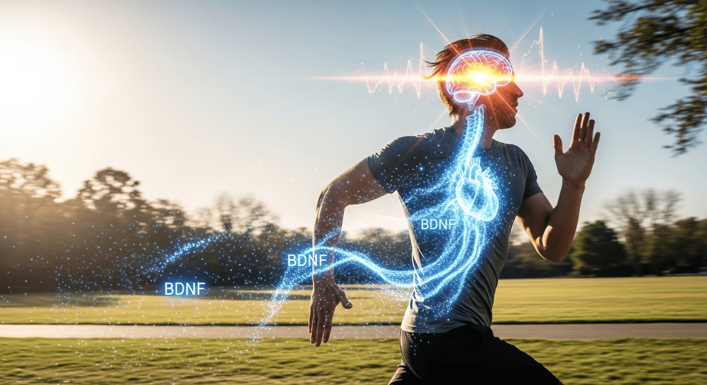 A scientific visualization showing how running boosts BDNF levels in the brain, improving memory and focus.