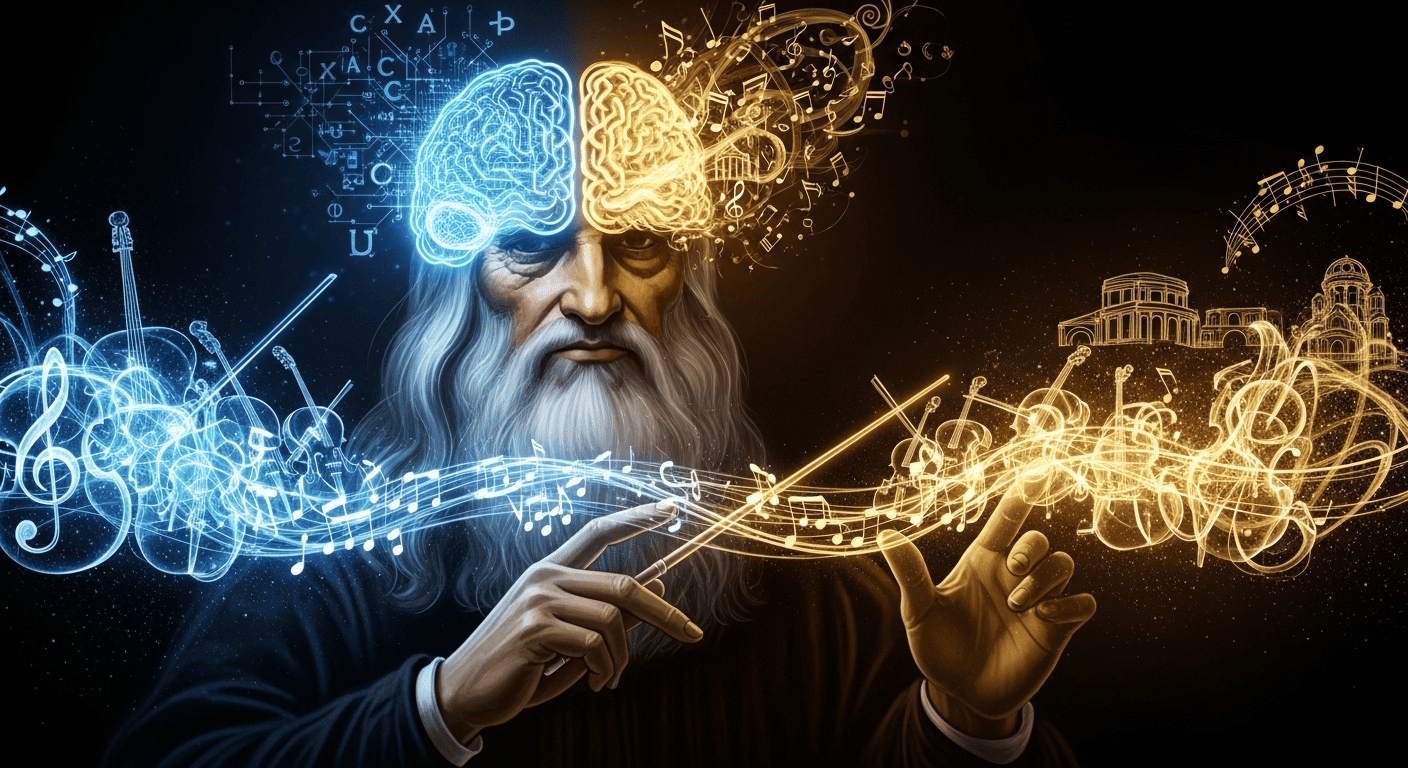  Leonardo da Vinci demonstrating whole-brain thinking through coordinated hand gestures, activating both brain hemispheres.