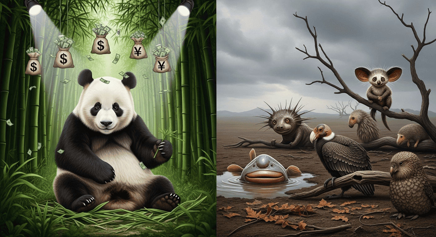 An illustration of the Liking Principle, showing how our preference for "cute" things leads to irrational decisions, like prioritizing pandas over other endangered species.