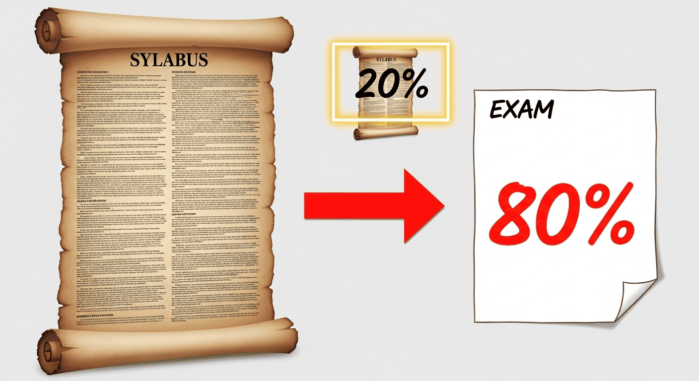 An infographic demonstrating the 80/20 Principle for studying, where focusing on 20% of the syllabus yields 80% of the exam results.