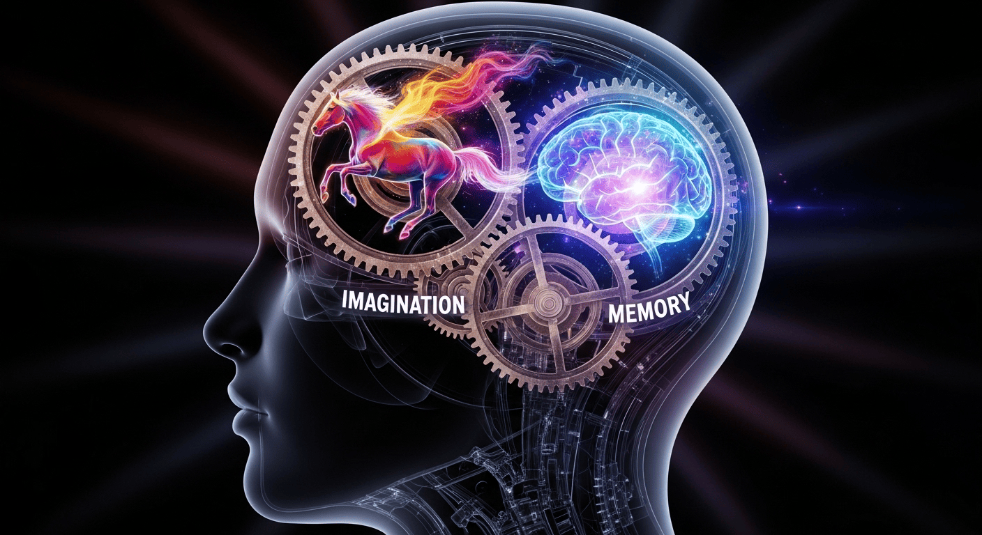 An illustration of imagination and memory working together like interlocked gears to create a powerful learning machine.