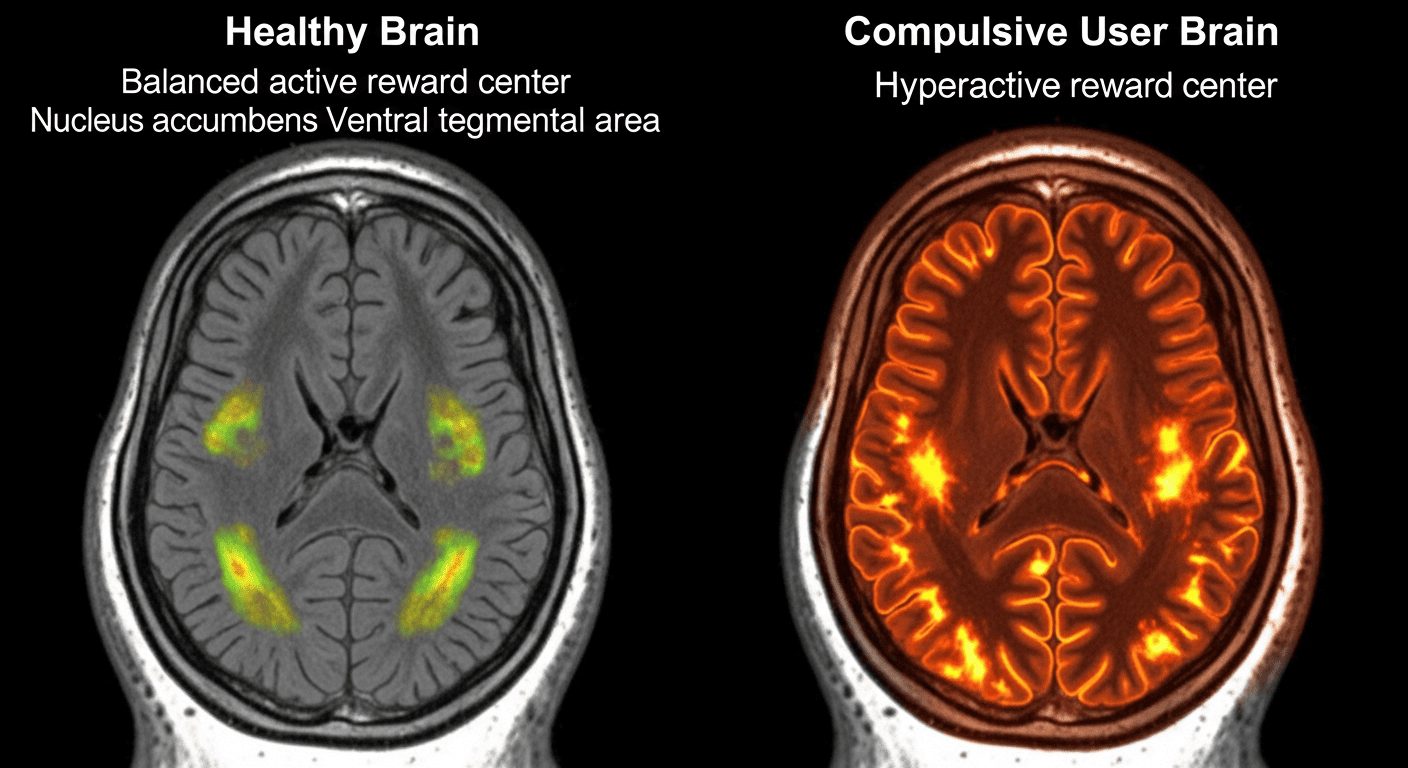  An MRI scan comparing a healthy brain to one affected by addiction, showing the overactive reward system.