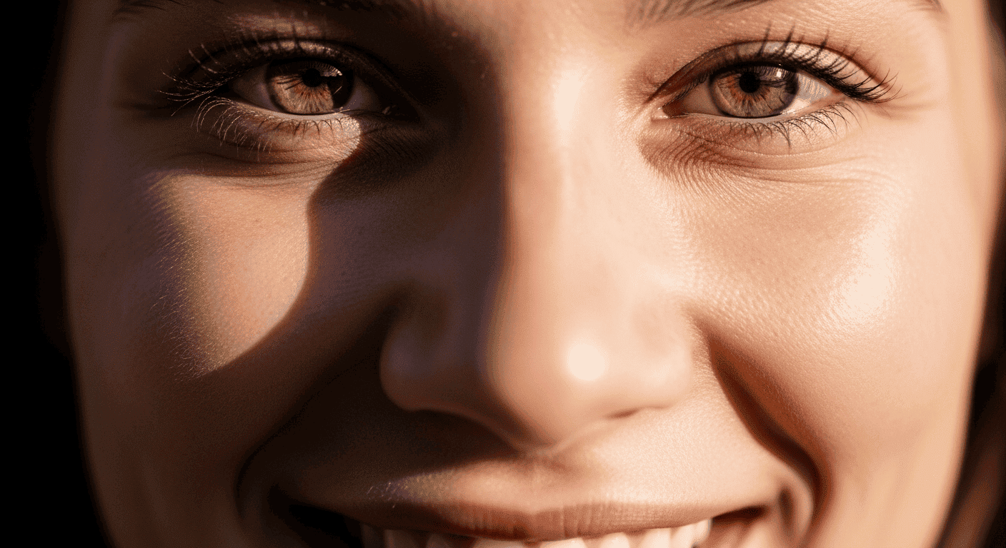 A person gives a genuine, warm smile after making eye contact, demonstrating an effective communication technique.