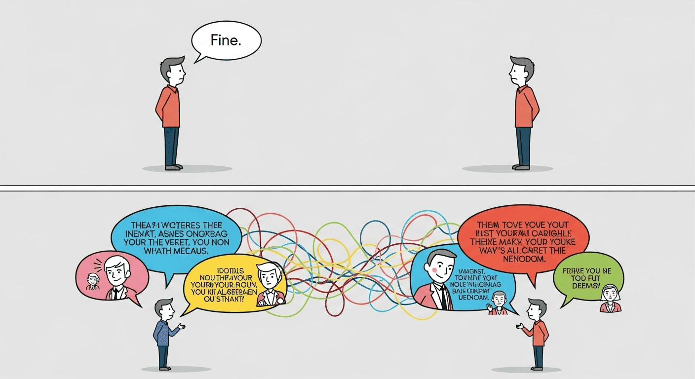 A visual comparison showing how one-word answers create awkward silence while elaborating improves conversation flow.