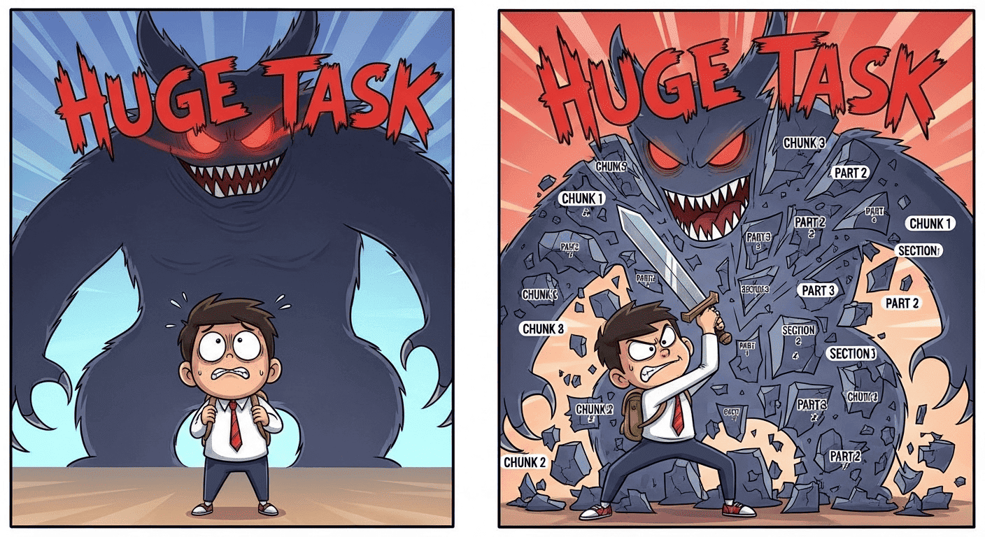 A student breaking a large task into smaller parts to overcome procrastination.