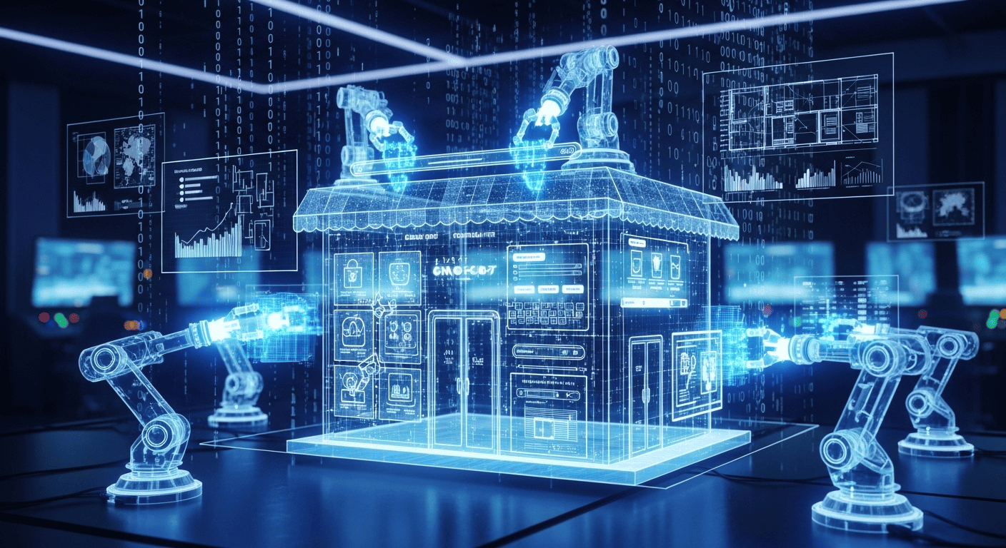 AI robotic arms constructing a digital e-commerce store, representing an AI store builder.