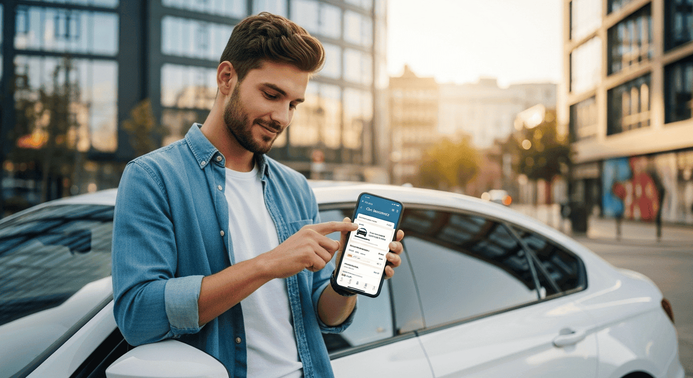 A millennial driver confidently managing their car insurance policy on a smartphone app next to their vehicle, illustrating the convenience of digital insurance services.