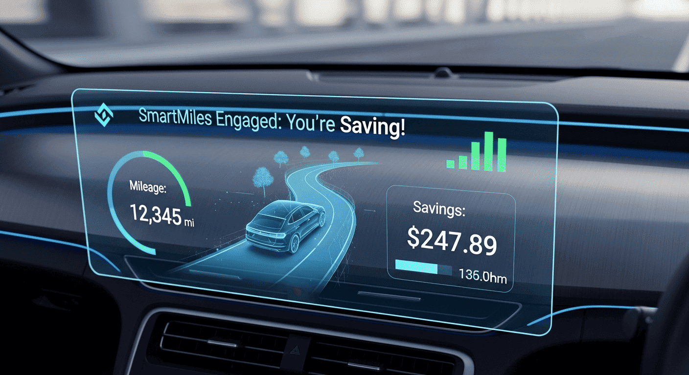 A modern car's digital dashboard illustrating a pay-per-mile insurance program like Nationwide's SmartMiles, showing savings for low-mileage driving.