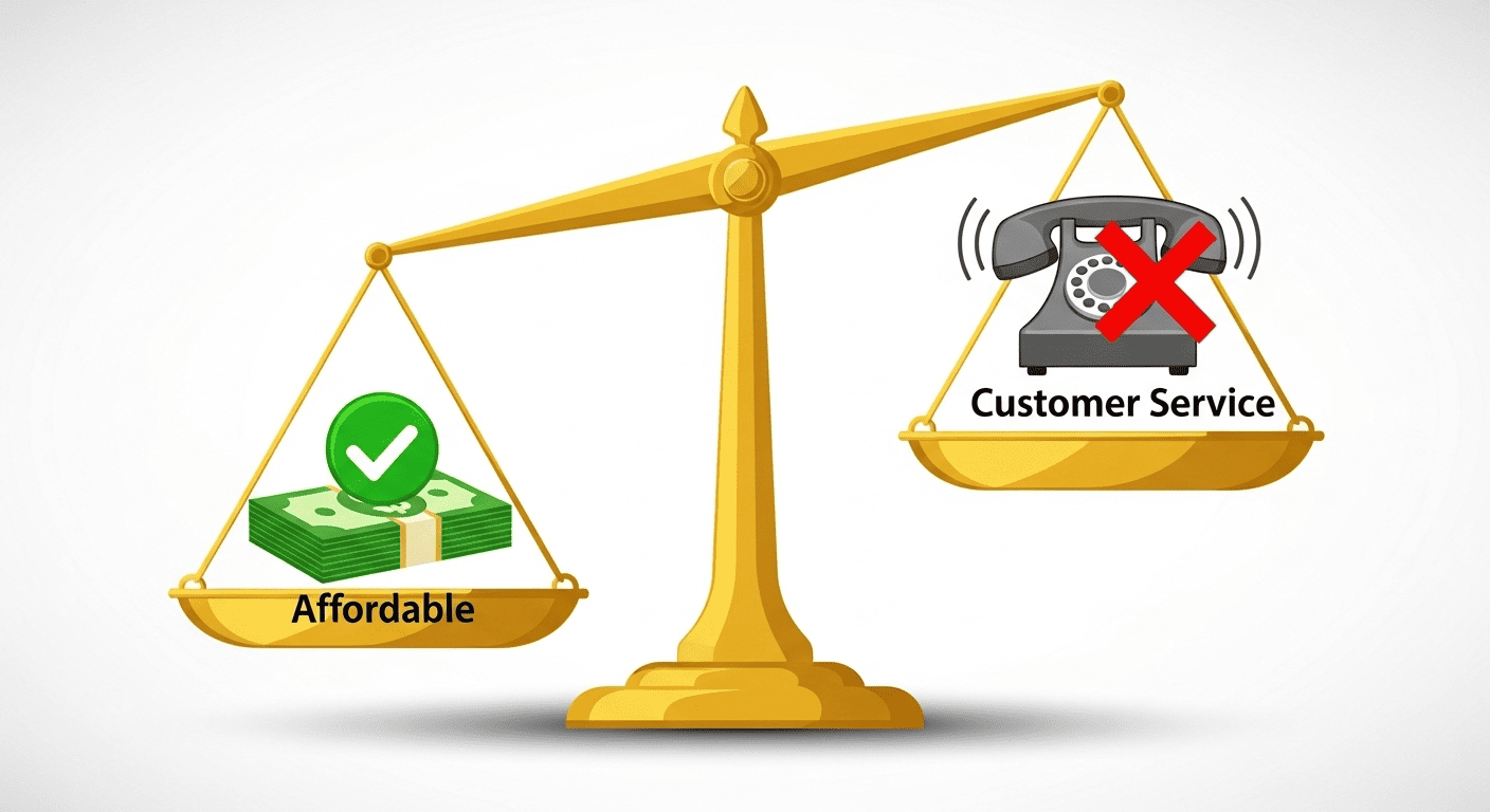  A scale weighing the pros and cons of Omni Insurance, with affordability on one side and poor customer service on the other, illustrating the trade-off for consumers.