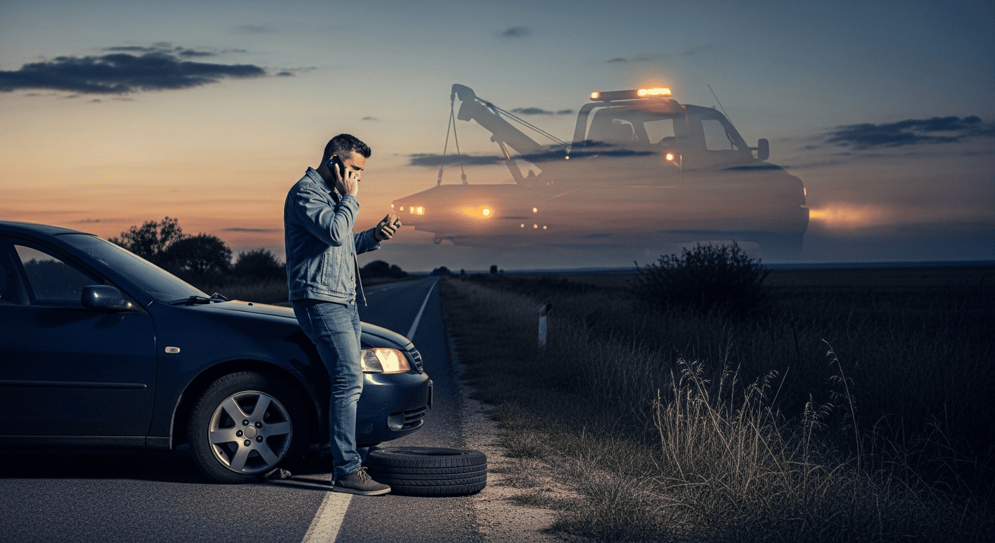 A stranded driver on the phone, illustrating the lack of roadside assistance which is a key downside of Omni's basic insurance plans.