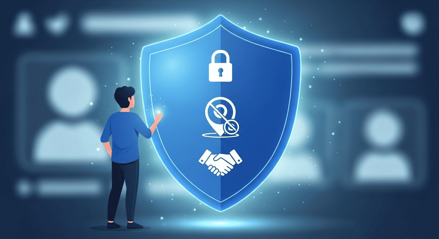 A graphic representing how to protect your insurance, showing a shield over a social media profile with icons for privacy, location services, and honesty.