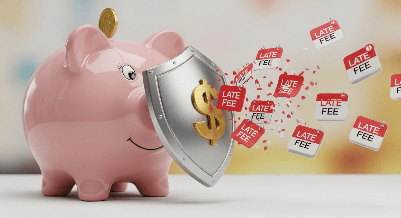 A piggy bank protected by a shield from car insurance late fee notices, illustrating the financial security of choosing a forgiving insurance company.
