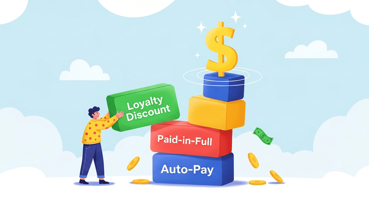  Building blocks labeled with different car insurance discounts are stacked up, showing how combining them leads to greater savings.