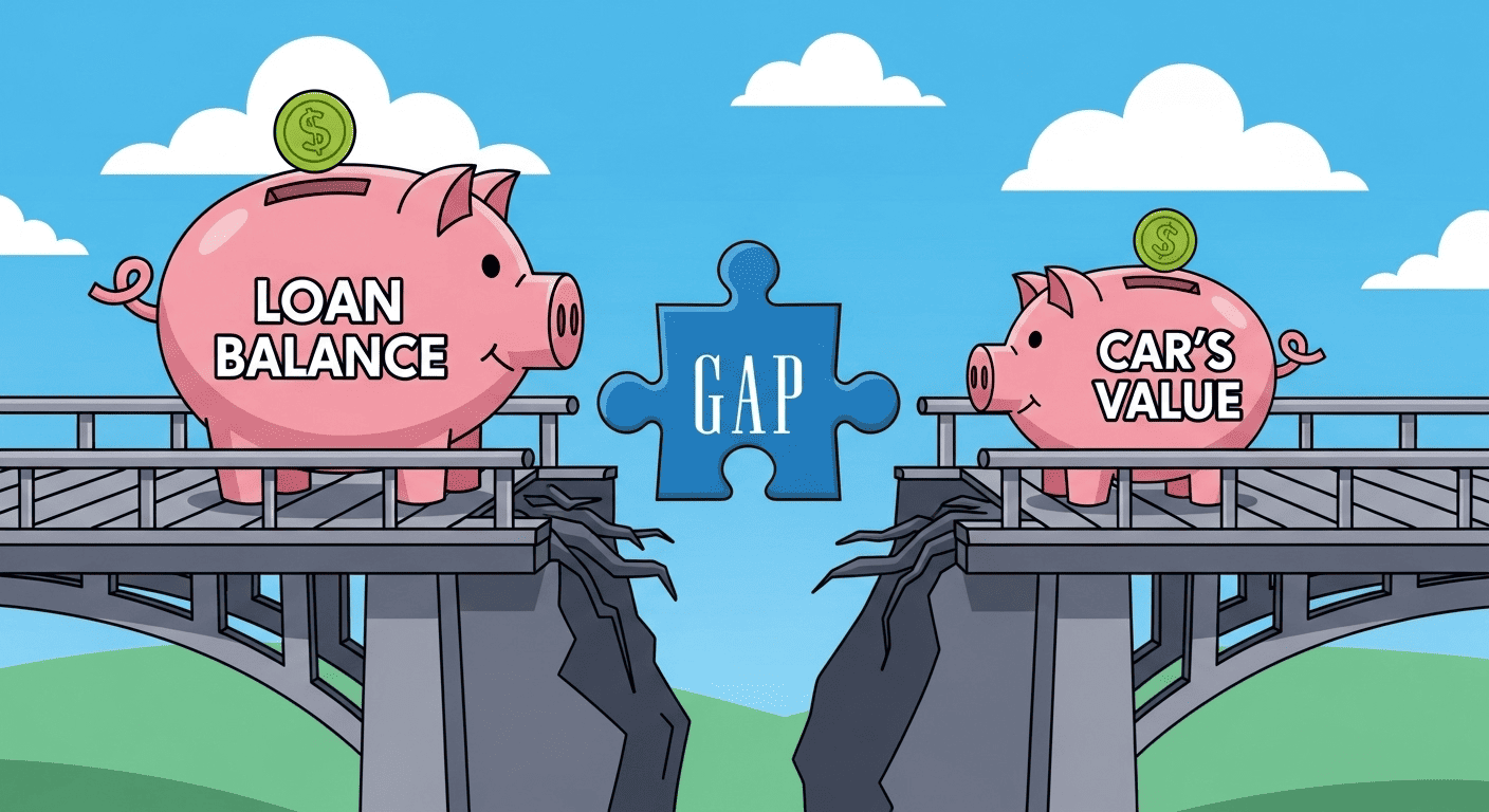  An illustration showing a "GAP" insurance puzzle piece bridging the financial gap between a car's value and the outstanding loan balance after a total loss.
