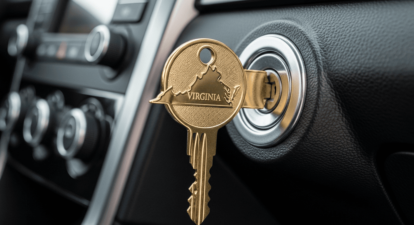  A Virginia-shaped key unlocking a car's ignition, representing tailored auto insurance for seniors in the state.