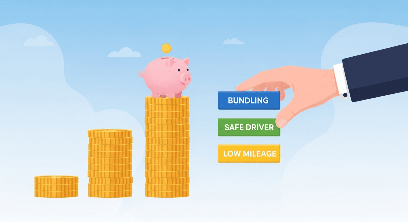 A stack of coins with discount blocks being added, demonstrating how bundling policies and other discounts can lead to significant savings on senior auto insurance.
