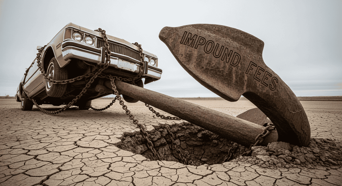 A car being held in place by a massive anchor labeled "Impound Fees," illustrating the heavy financial burden of getting a vehicle out of an impound lot.
