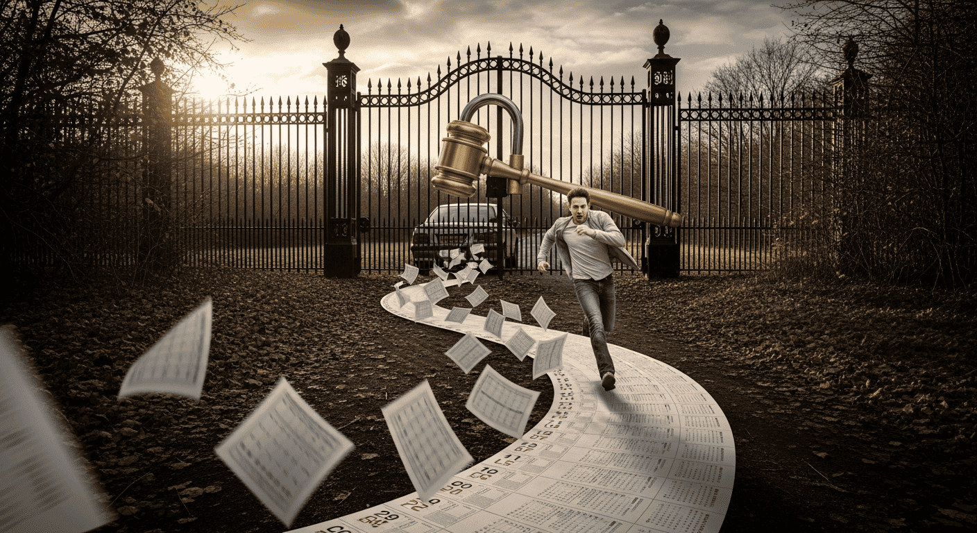 A person racing against time on a path of calendar pages to reach their impounded car before the legal deadline expires.