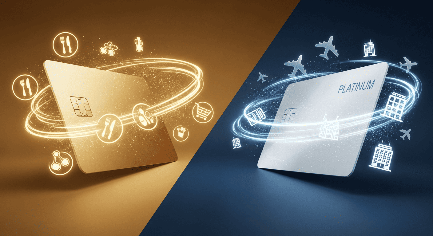 A comparison table showing the American Express Gold card on one side and the Platinum card on the other, with categories for comparison listed down the side.