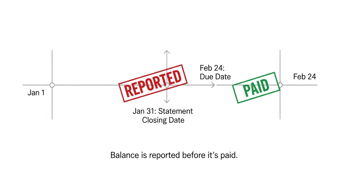 A timeline showing that a credit card's balance is reported to credit bureaus on the statement closing date, before the payment due date.