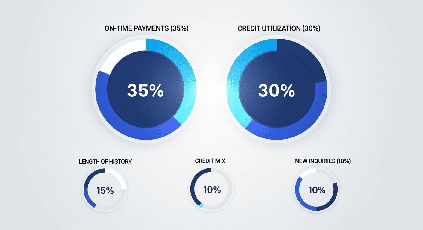  A dashboard showing the five factors that make up a credit score and their percentage weights.
