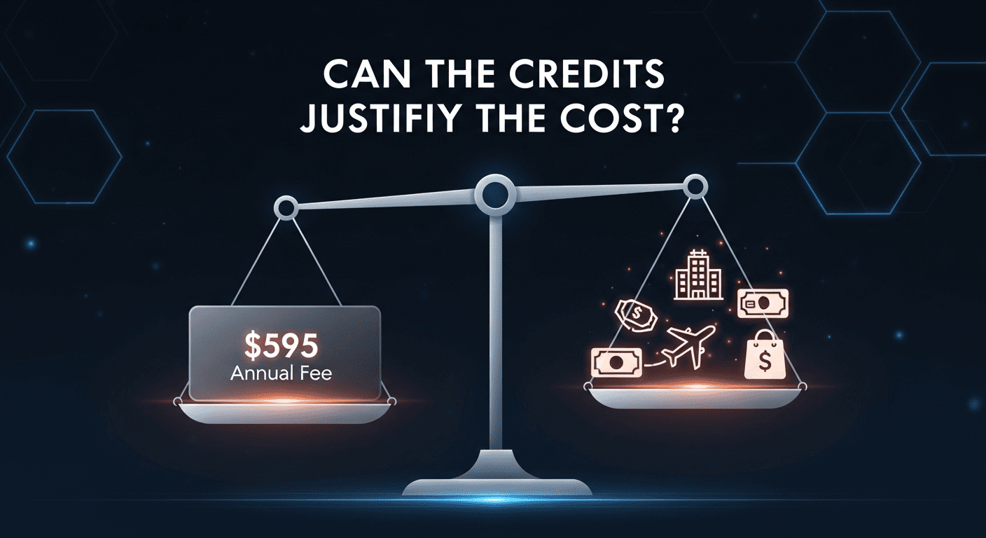 A graphic of a scale weighing the Citi Strata Premier's annual fee against its various statement credits, questioning its value proposition.
