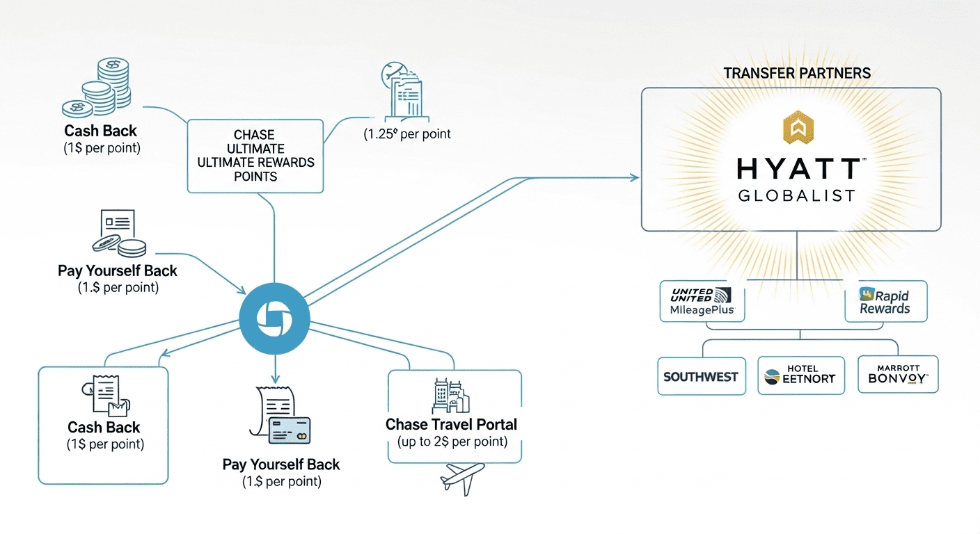 Flowchart demonstrating Chase Ultimate Rewards flexibility with multiple redemption options, highlighting the exclusive World of Hyatt partnership