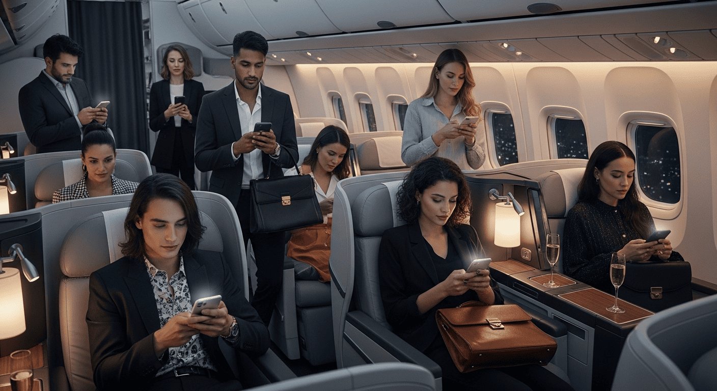  Young professionals boarding premium airline cabin, representing Generation Z's embrace of luxury travel and high-end credit card benefits.