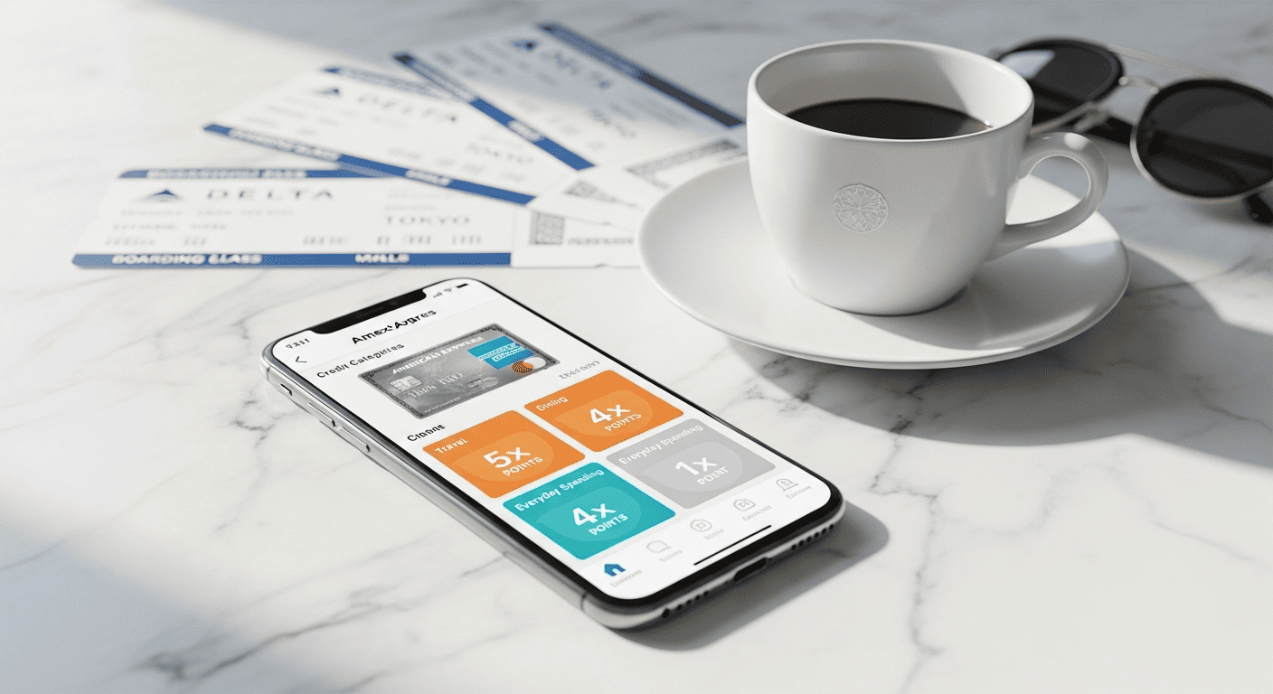 American Express mobile app showing credit categories and point earning multipliers, representing the evolution of premium credit card benefits and digital banking.