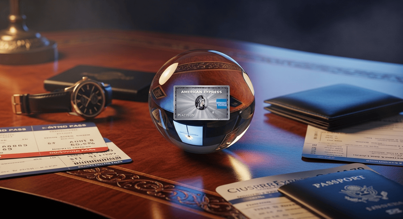  Crystal ball reflecting American Express Platinum card surrounded by luxury accessories, symbolizing predictions about the card's future benefits and changes.