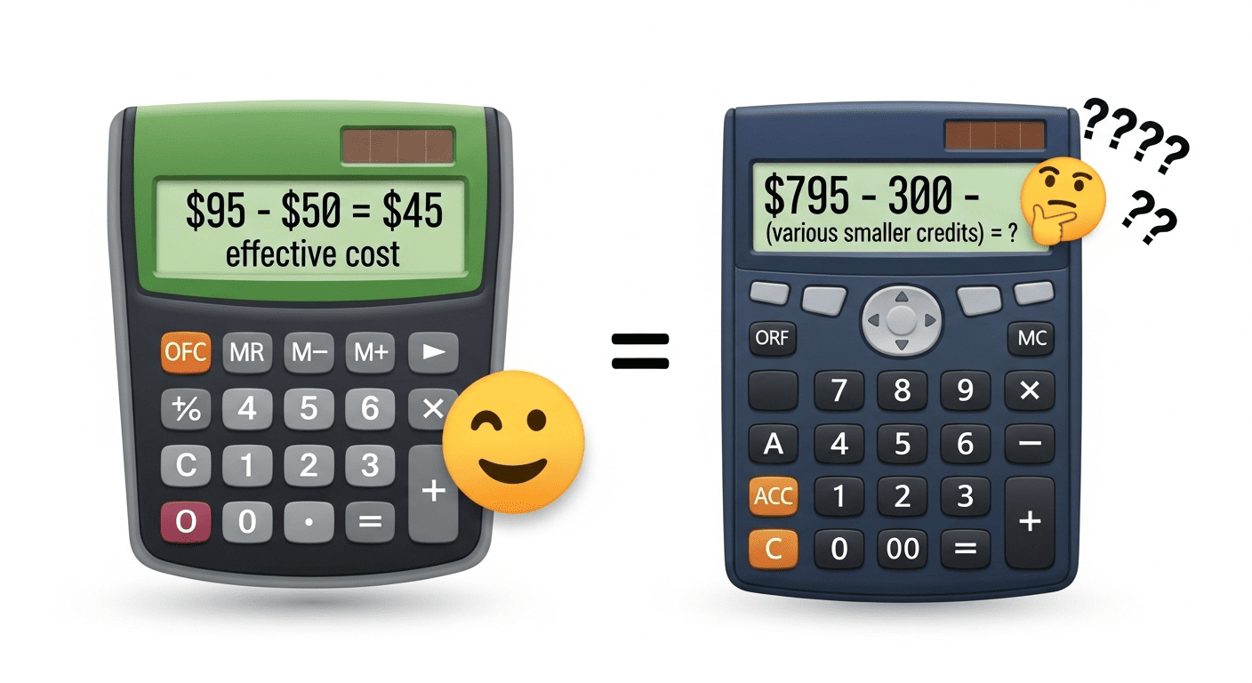 Interactive calculator comparison demonstrating how Chase travel credits affect the real annual cost of each Sapphire credit card option.