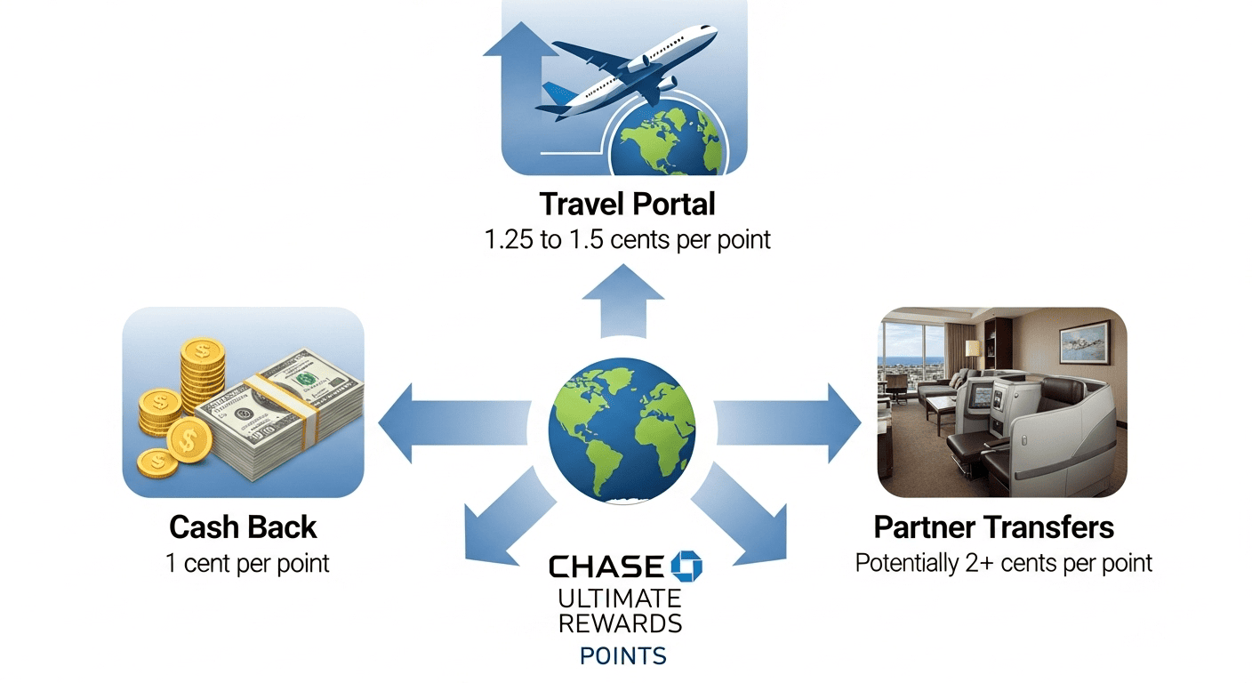 Comprehensive flowchart illustrating Chase Ultimate Rewards redemption strategies and point values for travel credit card optimization.