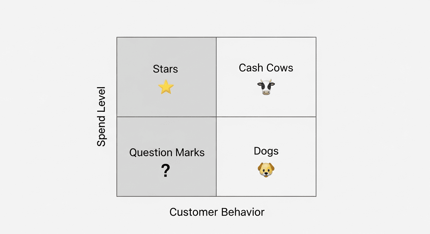  A BCG matrix illustrating the four types of credit card customers from a bank's perspective: Cash Cows, Stars, Dogs, and Question Marks.