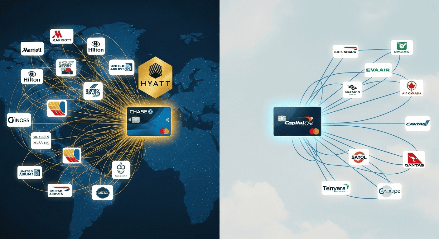 A comparison of reward ecosystems showing Chase's more extensive and flexible partner network, including the valuable World of Hyatt partnership, versus Capital One's more streamlined approach.
