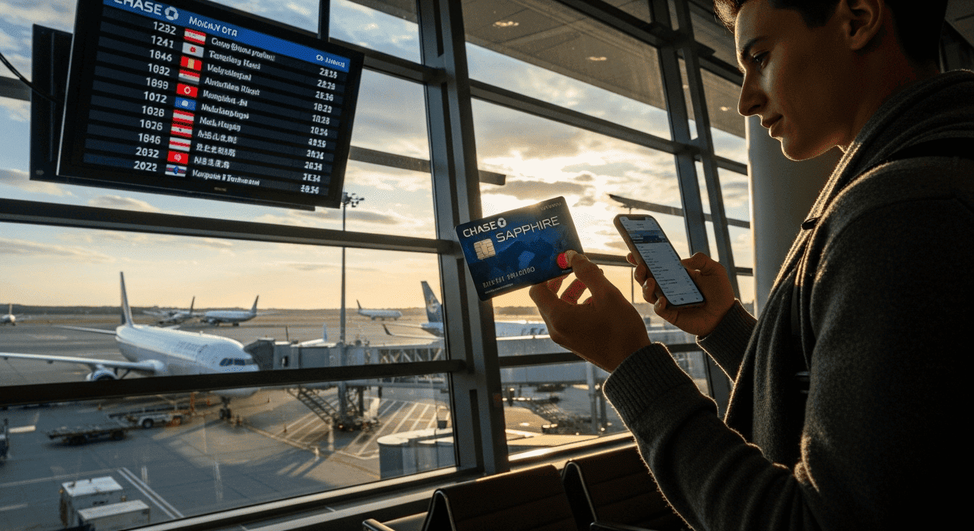 A confident traveler at an airport gate holding the Chase Sapphire Preferred card, symbolizing the card's role in enabling global travel adventures and providing peace of mind through comprehensive travel benefits.