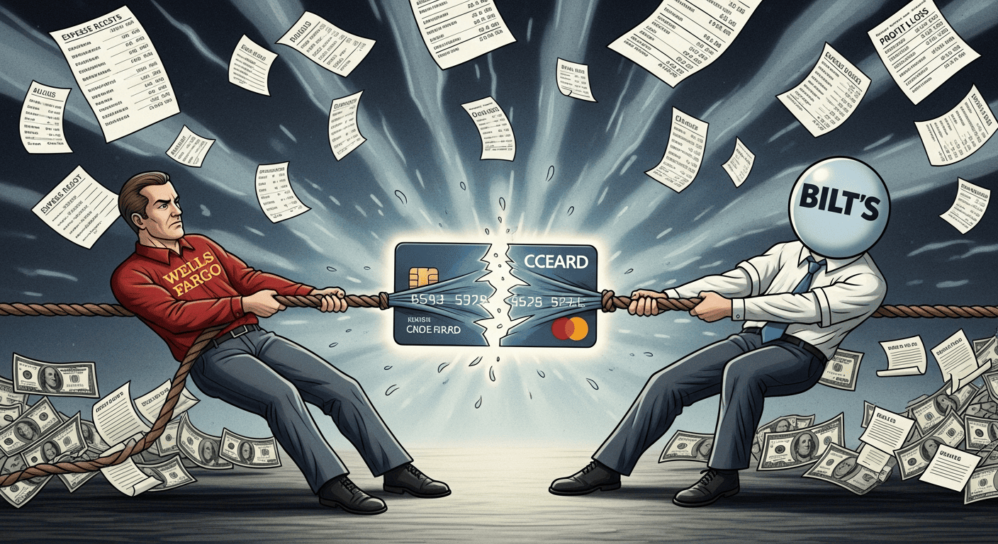 A metaphorical representation of the financial strain and conflicting interests that led to the breakdown of the Wells Fargo and Bilt credit card partnership, highlighting the unsustainable economics that forced their separation.