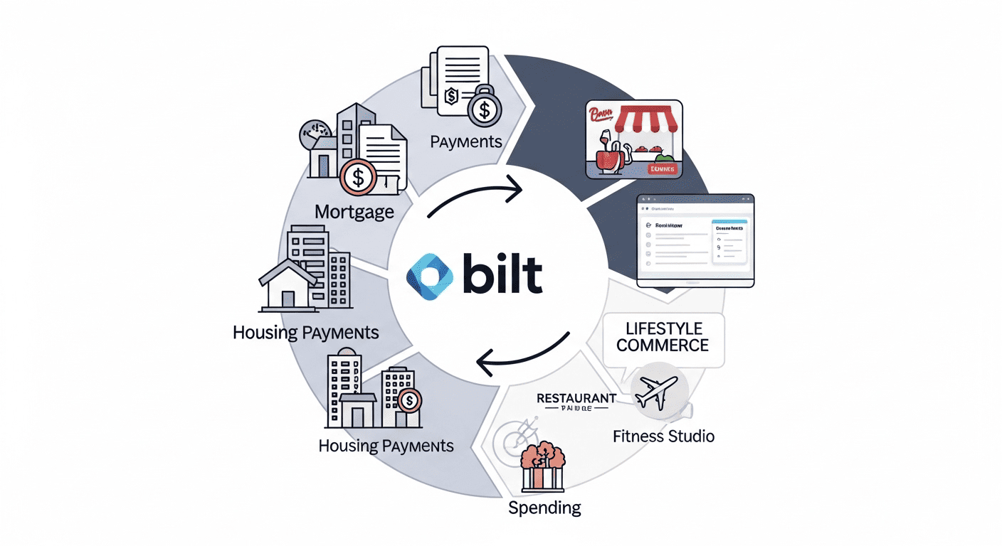A comprehensive visual breakdown of Bilt's flywheel business model, illustrating how they connect housing payments with neighborhood commerce to create a mutually reinforcing rewards ecosystem that benefits both consumers and local businesses.