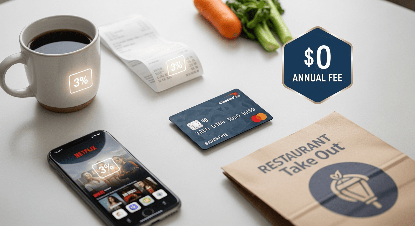 Lifestyle composition highlighting the Capital One SavorOne's key earning categories with everyday spending items and no annual fee emphasis.