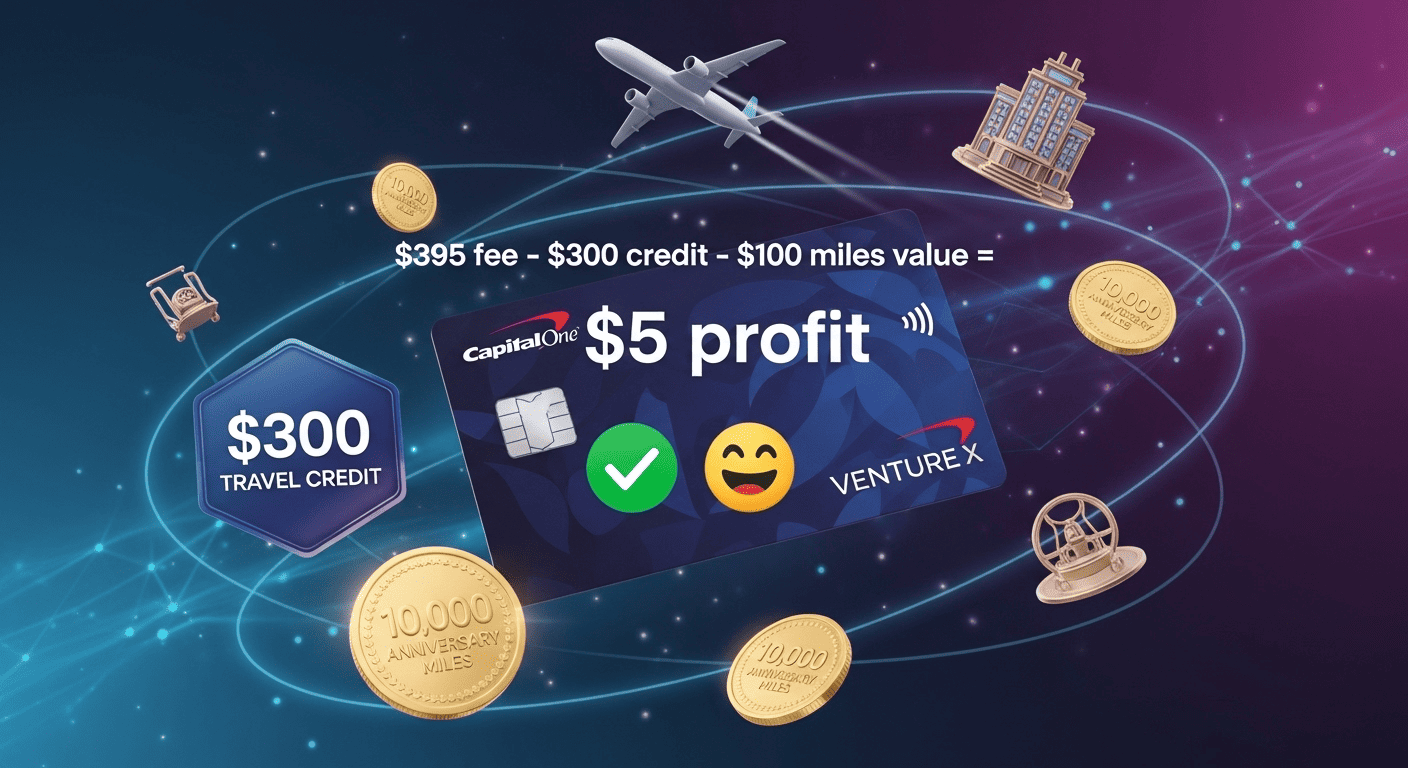 Mathematical breakdown visualization demonstrating how the Venture X card's benefits exceed its annual fee, creating positive value for cardholders.