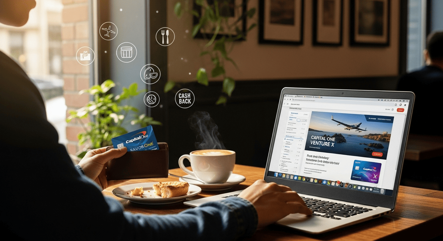 Candid lifestyle image showing natural usage of both Capital One cards in everyday and travel planning scenarios.